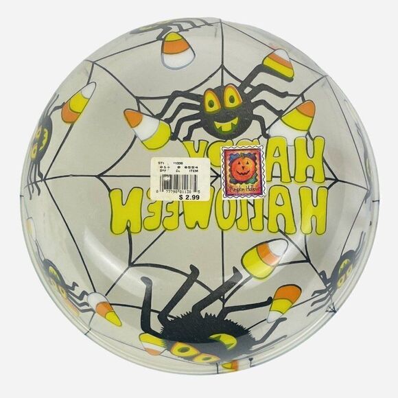 Vintage 1996 Pumpkin Hollow 11" Plastic Halloween Bowl Spiders Candy Corn Web - Picture 2 of 5